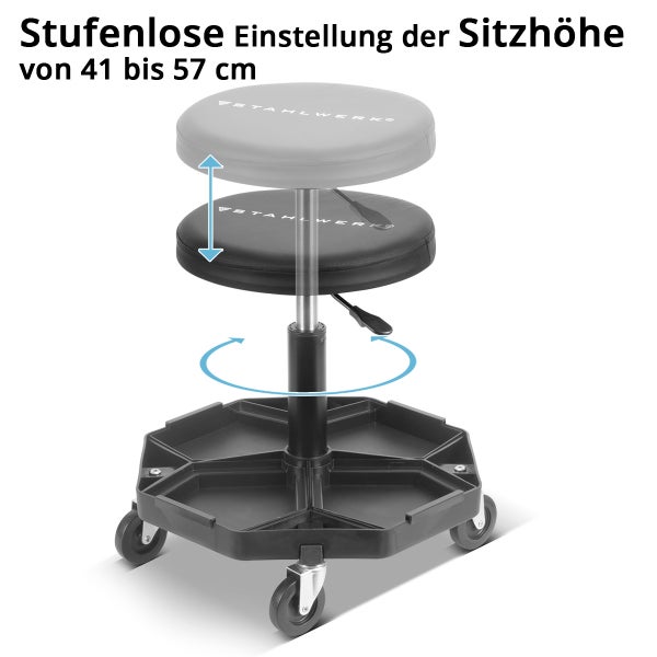 Werkstatthocker mit Rollen und stufenloser Sitzhöhenverstellung von 41 bis 57 cm