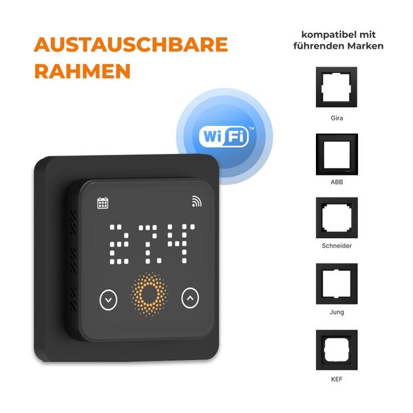 Smartes Wandthermostat mit WLAN Funktion und digitaler Anzeige, kompatibel mit Rahmen von Gira, ABB, Schneider, Jung und KEF.