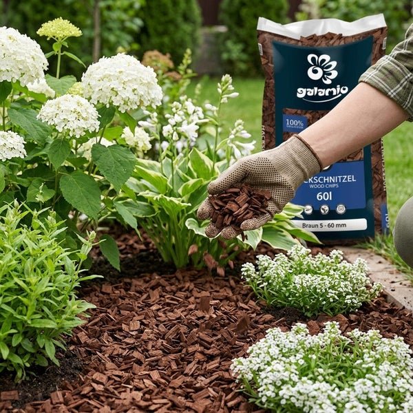 Eine Hand in einem Gartenhandschuh streut Galamio Holzschnitzel auf ein Gartenbeet mit weißen Blumen.