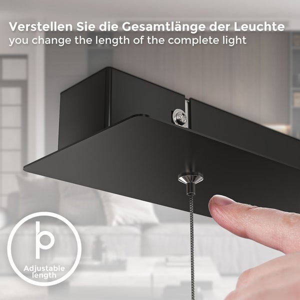 Nahaufnahme einer schwarzen Deckenhalterung für eine Pendelleuchte mit Mechanismus zur Längenverstellung des Kabels.