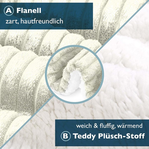Detailansicht einer Wendebettwäsche mit einer Seite aus Flanell und einer Seite aus Teddy Plüsch Stoff für mehr Komfort.