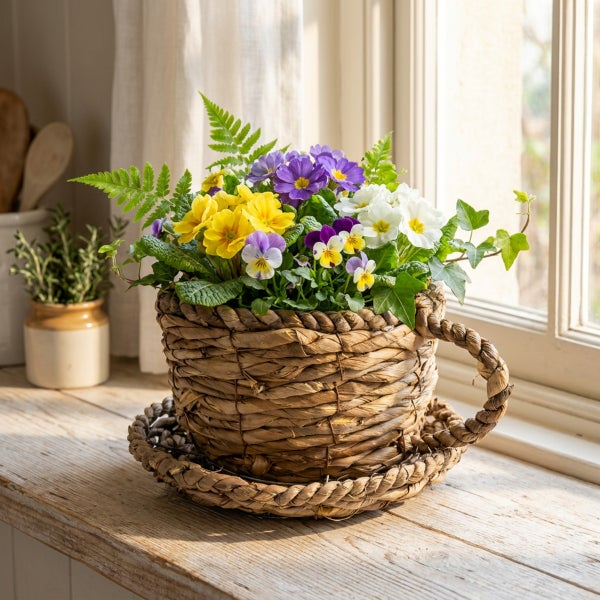 Blumenarrangement aus Stiefmütterchen und Primeln in einem geflochtenen Korb in Tassenform auf einer Fensterbank