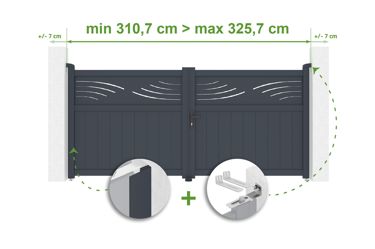 Doppeltor mit den Maßen minimal 310,7 Zentimeter bis maximal 325,7 Zentimeter