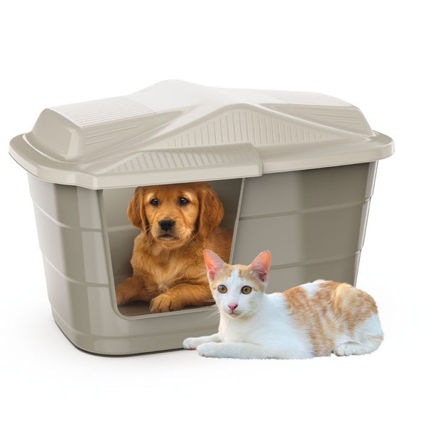 Beige Kunststoff-Hundehütte mit einem Welpen im Inneren und einer Katze davor.