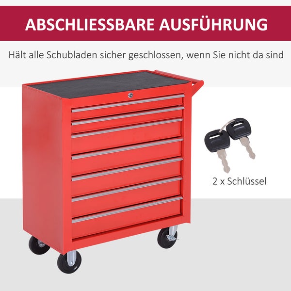 Roter abschließbarer Werkstattwagen mit sieben Schubladen und zwei Schlüsseln.