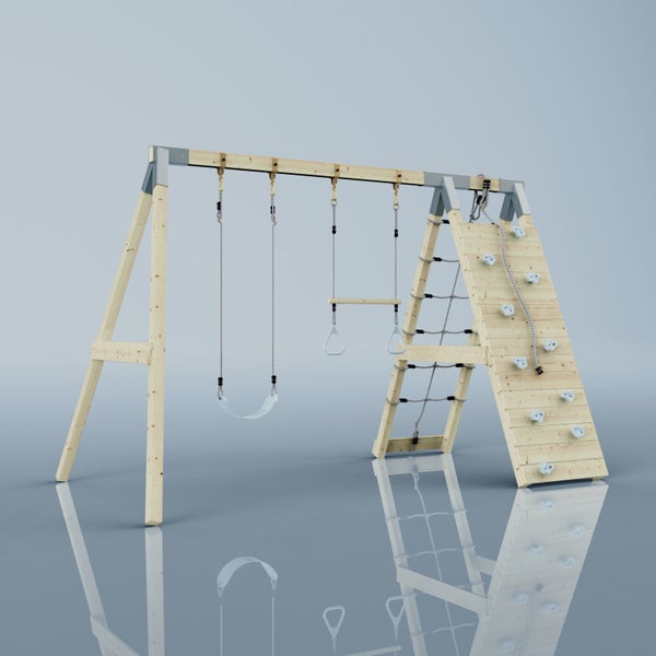 Klettergerüst aus Holz mit Schaukel, Trapezstange mit Ringen, Kletterwand und Kletternetz.