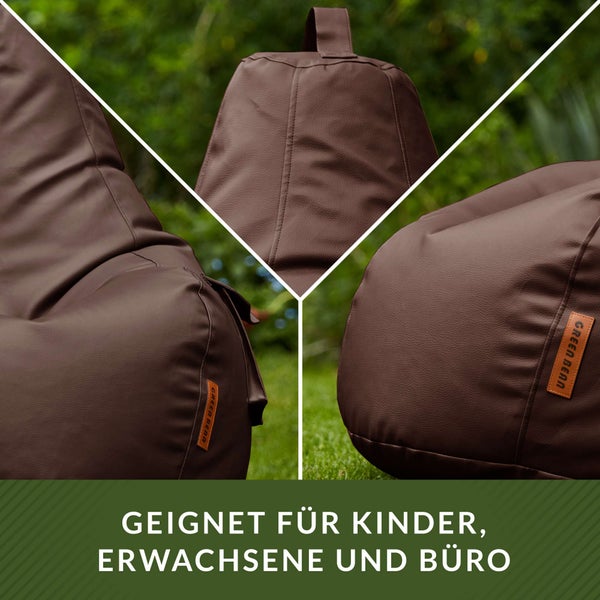 Green Bean Sitzsack aus Kunstleder mit EPS Perlen Füllung - 90 x 80 x 70 cm - Bean Bag Sitzkissen Sitzpuff Sitzsessel Bodenkissen Lounge Gaming Chair Rückenlehne - Dunkelbraun