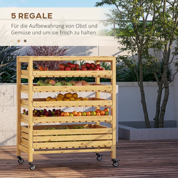 Outsunny Obsthalter mit Rädern, Gemüseregal mit 5 Regalen, Obstkorbständer, Aufbewahrungswagen, für Gemüse, Obst, bis 20 kg Belastbar, aus Tannenholz, Natur