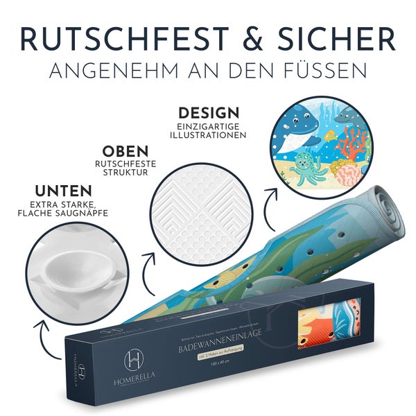 Homerella® Badewannenmatte rutschfest Kinder - 100% BPA frei Inkl. 2 Haken zum Aufhängen 100x40cm - Antirutschmatte Badewanne Baby hautsensitiv & schimmelresistent - Badematte rutschfest & waschbar