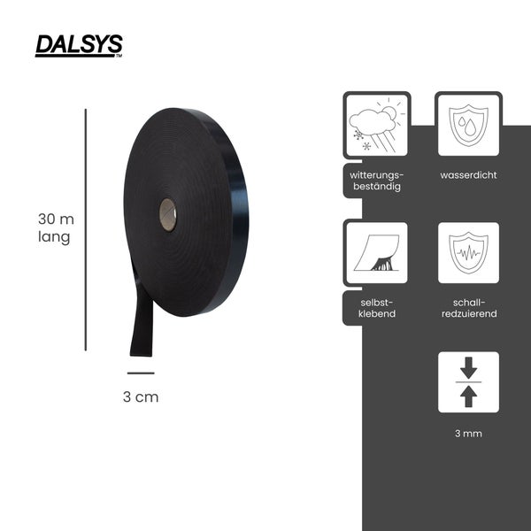 DALSYS Logo. Selbstklebendes schwarzes Dichtungsband, 30 Meter lang, 3 Zentimeter breit, 3 Millimeter dick. Wetterfest, wasserdicht, schallmindernd.