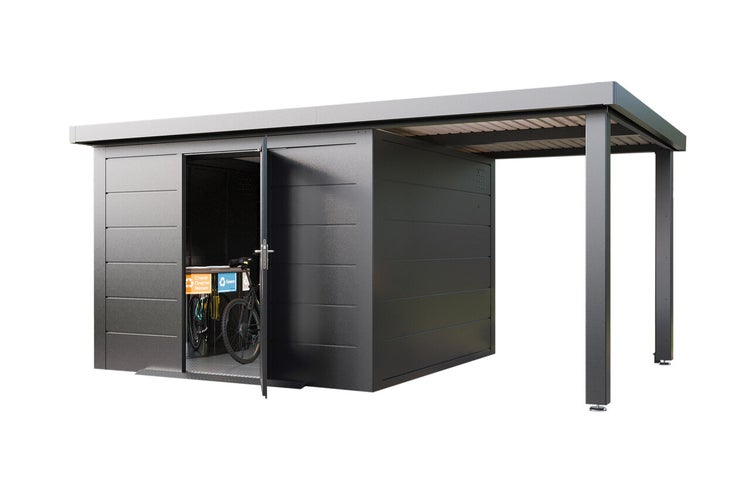 Metall Gerätehaus mit Fahrradunterstand und offener Tür, modern und funktional mit Stauraum für Fahrräder und Abfalltrennung.