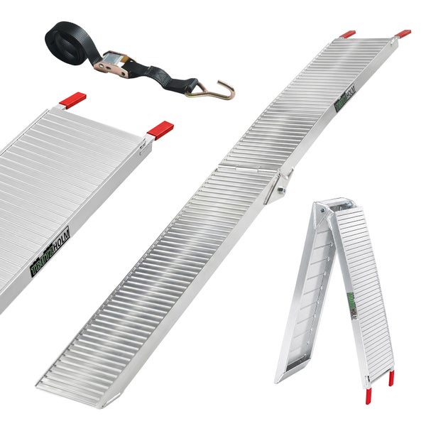 Klappbare Auffahrrampe aus Aluminium von Trutzholm mit Spanngurt und rutschfester Profiloberfläche.