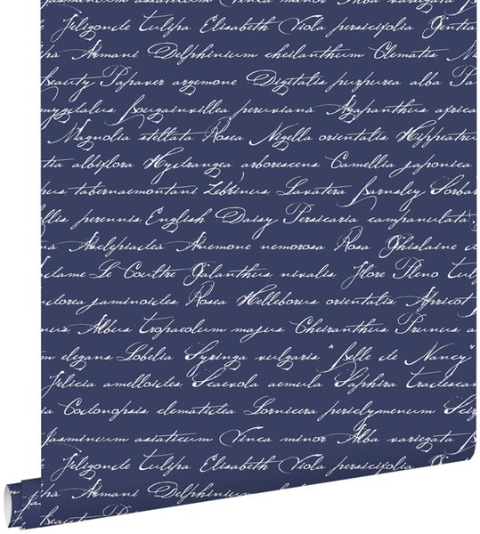 ESTAhome Tapete handgeschriebene lateinische Blumennamen Dunkelblau - 53 cm x 10,05 m - 128040