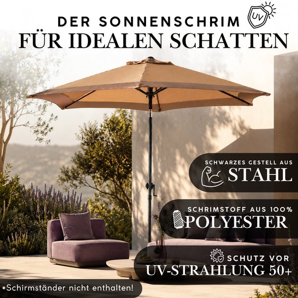 Sonnenschirm auf einer Terrasse mit schwarzem Stahlgestell, Bezug aus 100 Prozent Polyester und UV-Schutz 50 plus. Schirmständer nicht enthalten.