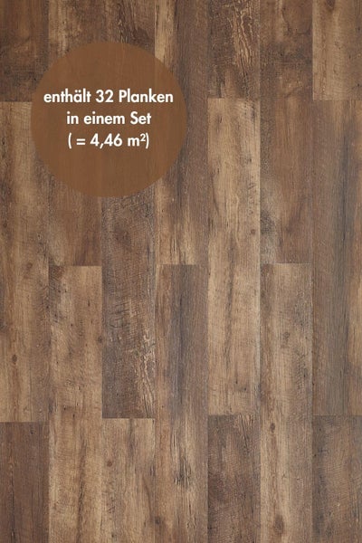 Bodenbelag in Holzoptik, Set mit 32 Planken für eine Fläche von 4,46 Quadratmetern.