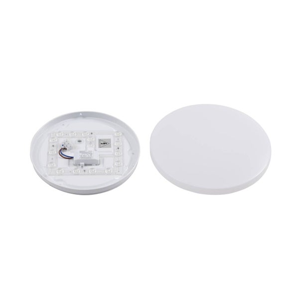 Runde LED-Deckenleuchte bestehend aus Gehäuse mit Elektronik und weißer Abdeckung.