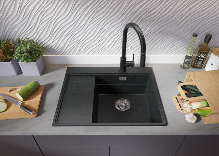 PRIMAGRAN Spülbecken Anthrazit 62x50cm, Granitspüle 1 Becken + Ablauf-Set + Küchenzubehörset, Küchenspüle ab 45er Unterschrank - Sydney