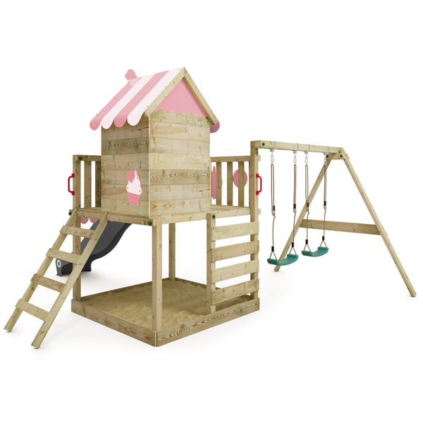 WICKEY Spielturm Klettergerüst Smart Candy mit Schaukel und Rutsche, Baumhaus mit Sandkasten, Kletterleiter und Spiel-Zubehör – anthrazit