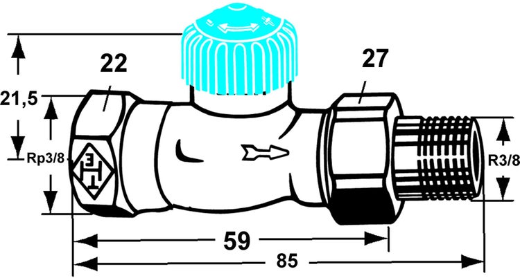 Maßzeichnung eines Heizkörperventils mit Abmessungen in Millimetern: Gesamtlänge 85, Anschlussmaße Rp 3/8 und R 3/8, Schlüsselweiten 22 und 27.