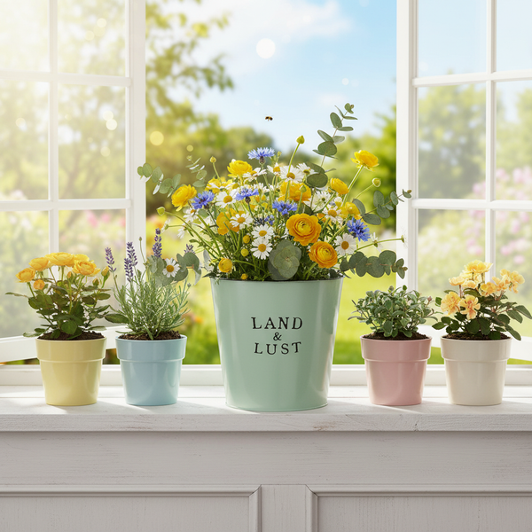 Fünf bunte Blumentöpfe mit Sommerblumen wie Ranunkeln, Kornblumen und Lavendel auf einer weißen Fensterbank im hellen Landhausstil.