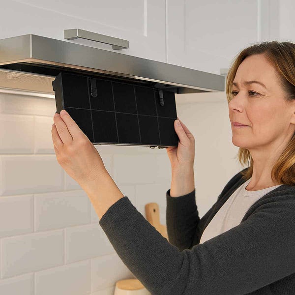 Frau setzt einen Aktivkohlefilter in eine Dunstabzugshaube ein
