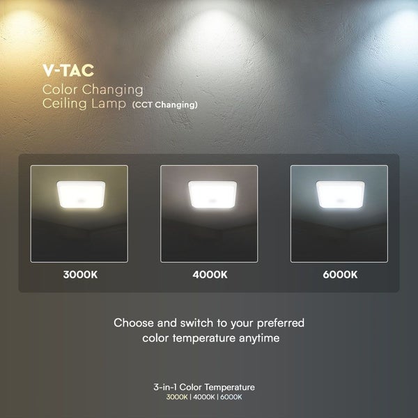 V-TAC Logo. Farbwechsel Deckenleuchte mit unterschiedlichen Farbtemperaturen: 3000K, 4000K und 6000K.