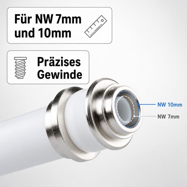 Rohrverbinder mit präzisem Gewinde für Nennweiten von 7 Millimeter und 10 Millimeter.