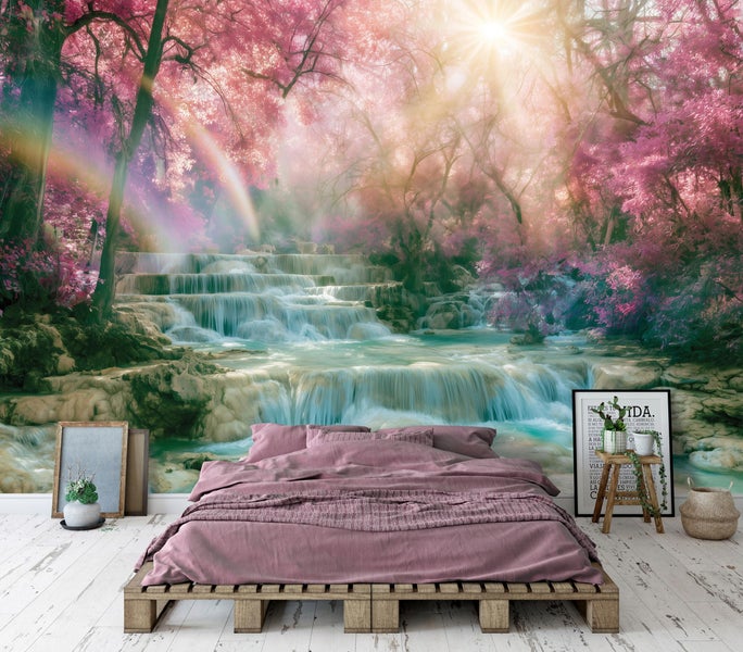 Fototapete mit einem Waldwasserfall und Regenbogen über einem Bett in einem modern eingerichteten Schlafzimmer mit Holzboden und Dekoartikeln.