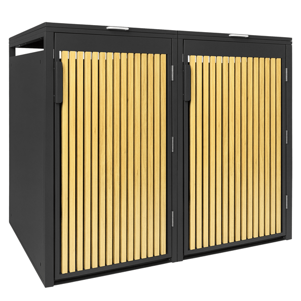 Mülltonnenbox für zwei Mülltonnen mit Metallrahmen und vertikalen Holzlatten.