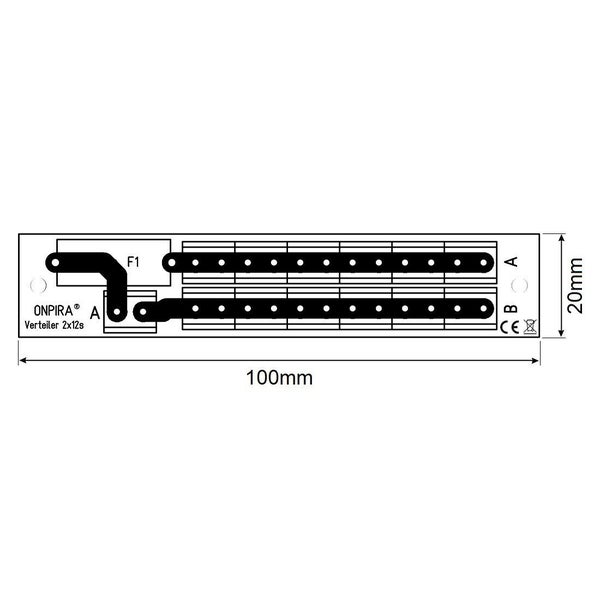 Technische Zeichnung des ONPIRA Verteilers 2 mal 12s mit den Maßen 100 Millimeter Länge und 20 Millimeter Breite.