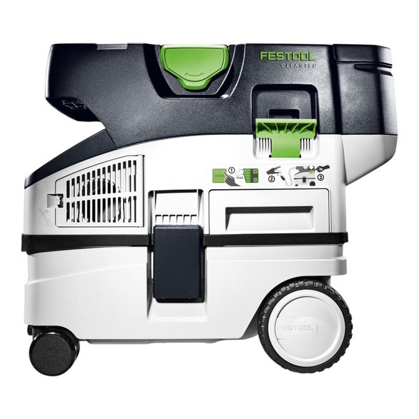 Festool Absaugmobil Cleantec mit Rollen und Bedienelementen in der Seitenansicht.