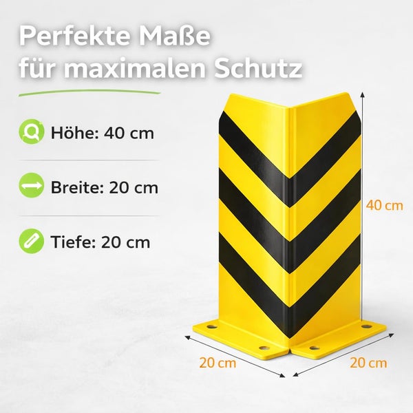 Eckschutz aus Metall mit gelb-schwarzer Warnmarkierung, Höhe 40 Zentimeter, Breite 20 Zentimeter, Tiefe 20 Zentimeter.