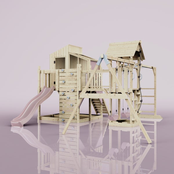 Spielturm aus Holz mit Rutsche, Schaukel und Kletterwand