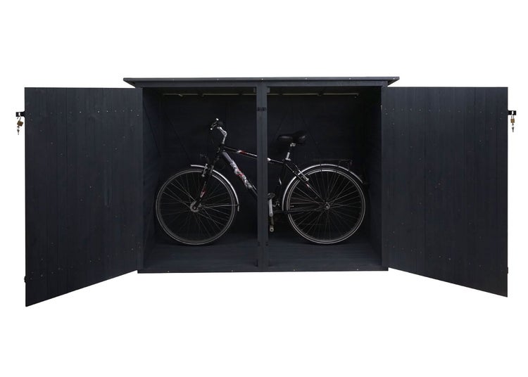 Offener Fahrradschuppen aus Holz mit zwei weit geöffneten Türen und einem abgestellten Fahrrad im Inneren.