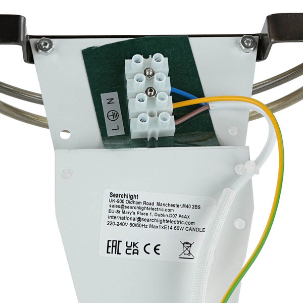 Detailansicht einer elektrischen Verbindung mit Kabeln und Klemmen, zusammen mit dem Searchlight Logo und Produktinformationen.