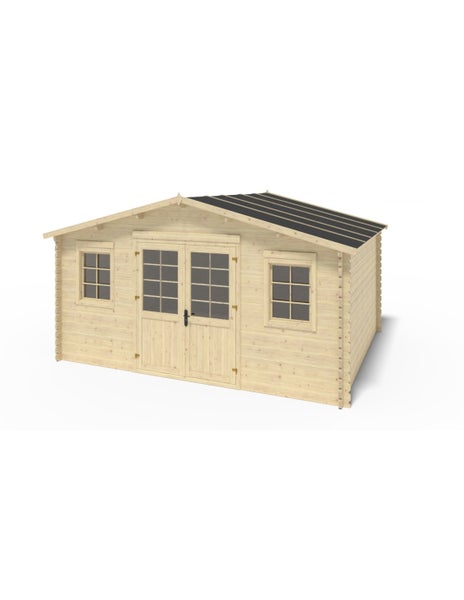 Gartenhaus aus Holz mit Satteldach, einer Doppeltür und zwei Fenstern in Blockbohlenbauweise.