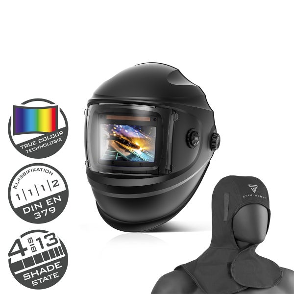 Automatik Schweißhelm mit True Color Technologie, Klassifizierung 1/1/1/2 nach DIN EN 379, Schutzstufe 4 bis 13 und Schutzhaube mit Stahlwerk Logo.