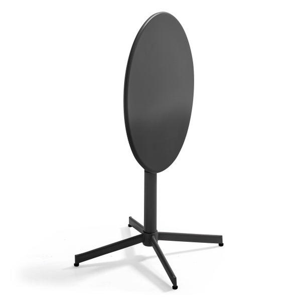 Klappbarer Bistrotisch mit runder Tischplatte und vierbeinigem Gestell aus Metall in Anthrazit.