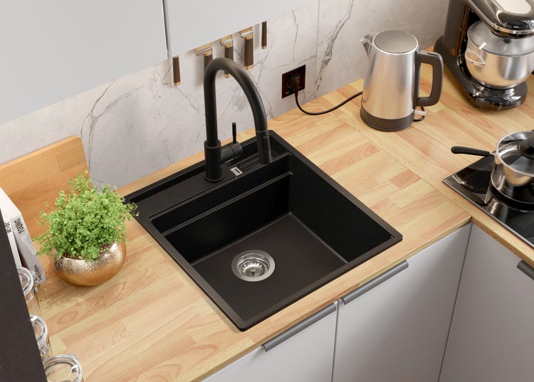 PRIMAGRAN Spülbecken Alles Schwarz 48x53cm, Granitspüle 1 Becken + Ablauf-Set + Küchenzubehörset, Küchenspüle ab 50er Unterschrank - Oslo Pocket