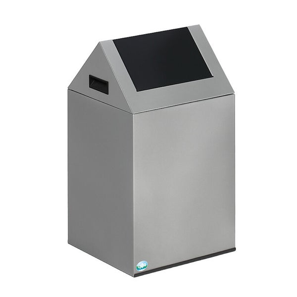VAR Abfallbehälter aus Stahlblech in Metallic-Grau mit Giebeldeckel und schwarzer Pendelklappe.