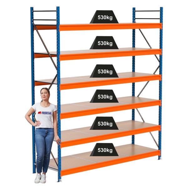 Metallregal mit sechs Ebenen und einer Traglast von 530 Kilogramm pro Ebene