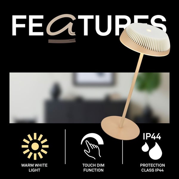 Tischleuchte mit warmweißem Licht, Touch-Dimmfunktion und Schutzart IP44.