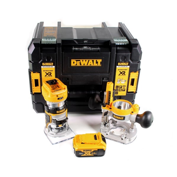 DeWalt Akku-Oberfräse und Kantenfräse Set mit Motorblock, Taucheinheit, Akku und TSTAK Transportkoffer.