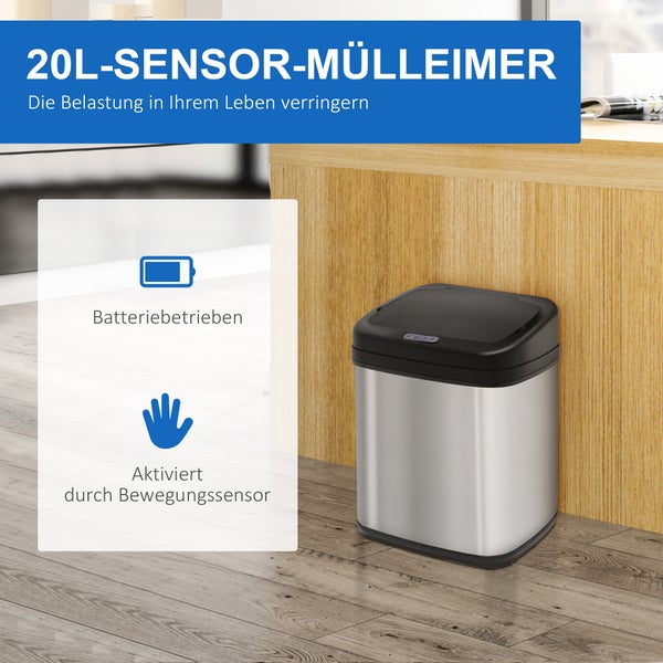 20 Liter Sensor Mülleimer aus Edelstahl mit schwarzem Deckel, batteriebetrieben und durch Bewegungssensor aktiviert.