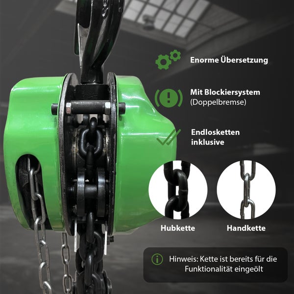Kettenzug mit Hubkette und Handkette, inklusive Doppelbremssystem und Endlosketten für industrielle Anwendungen.