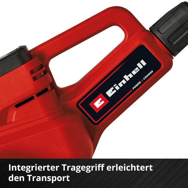 Detailansicht eines Einhell Akku Geräts mit integriertem Tragegriff für einfachen Transport.