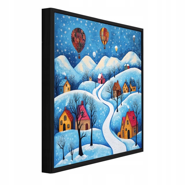 Wandbild mit Winterlandschaft und Heißluftballons im schwarzen Rahmen
