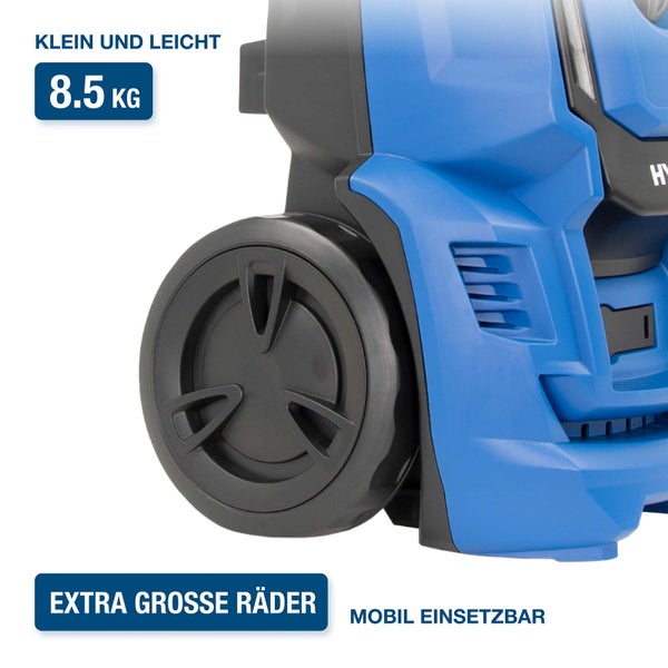 Mobiler Hochdruckreiniger mit großen Rädern, Gewicht acht Komma fünf Kilogramm.