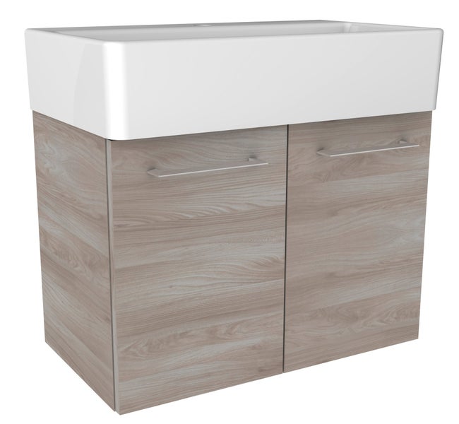 Waschbeckenunterschrank mit weißem Keramikwaschbecken, Unterschrank in Holzoptik mit zwei Türen und silbernen Griffen.