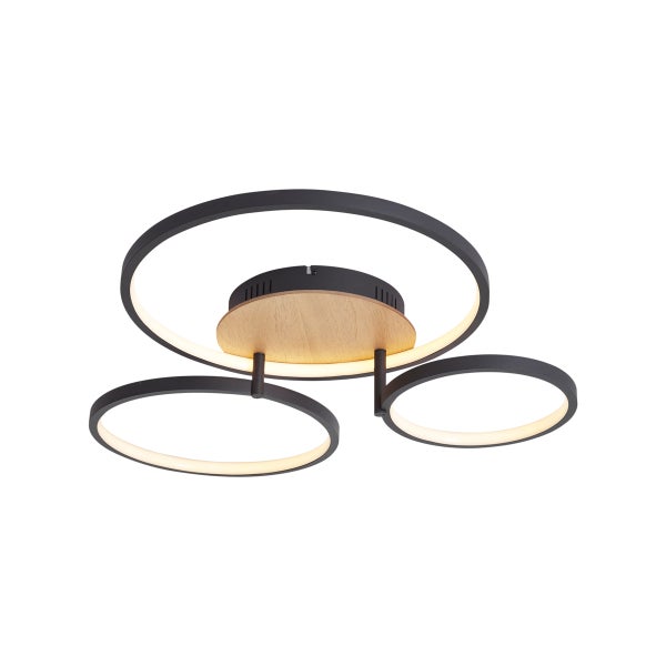 Moderne LED Deckenleuchte mit drei ringförmigen Elementen und Holzelement an der Deckenbefestigung